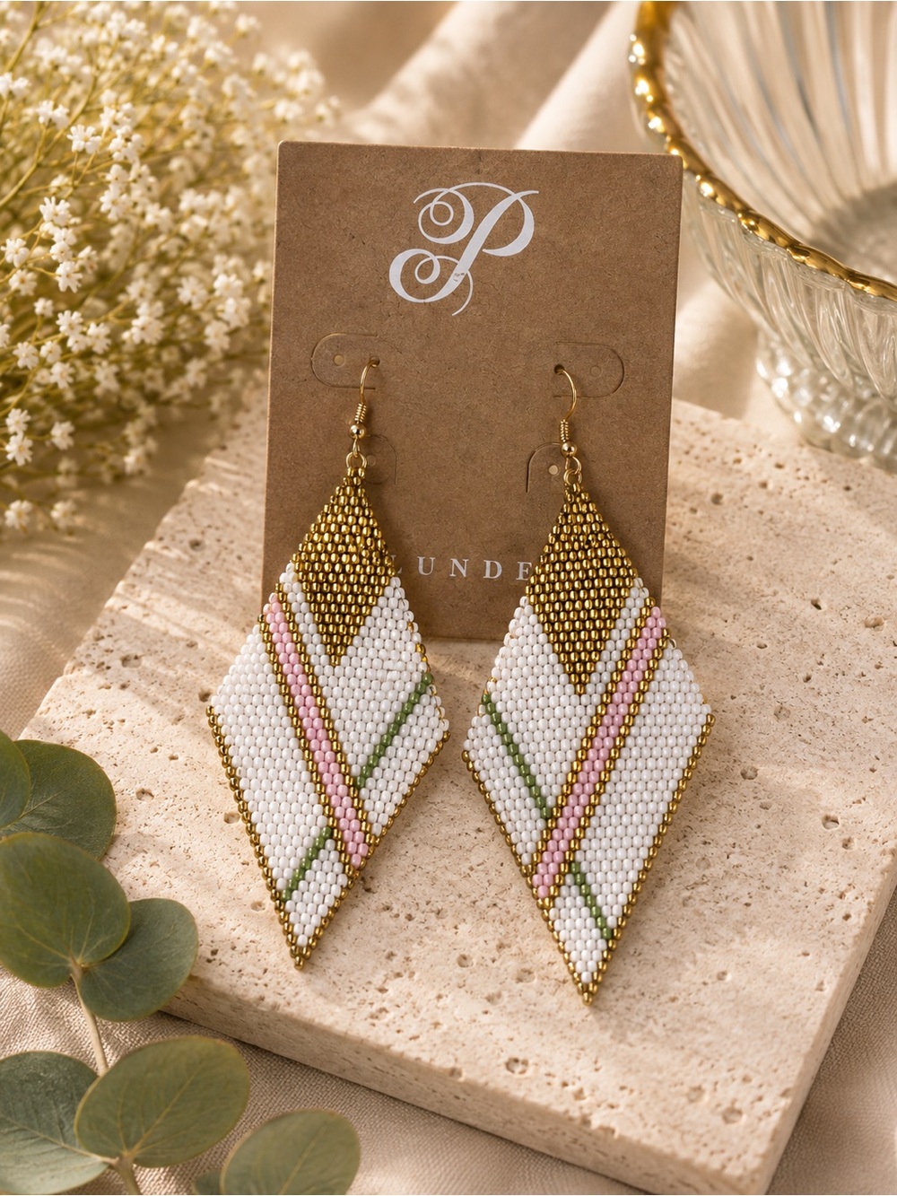 Plunder Gold, White, Pink & Green Beaded Diamond Drop Earrings